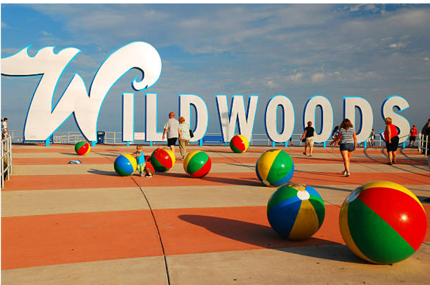 The Wildwoods boardwalk sign with beach balls